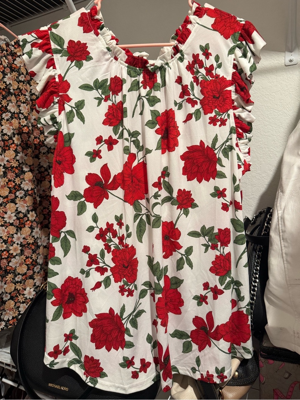 Floral Ruffle Sleeve Blouse - Red/White